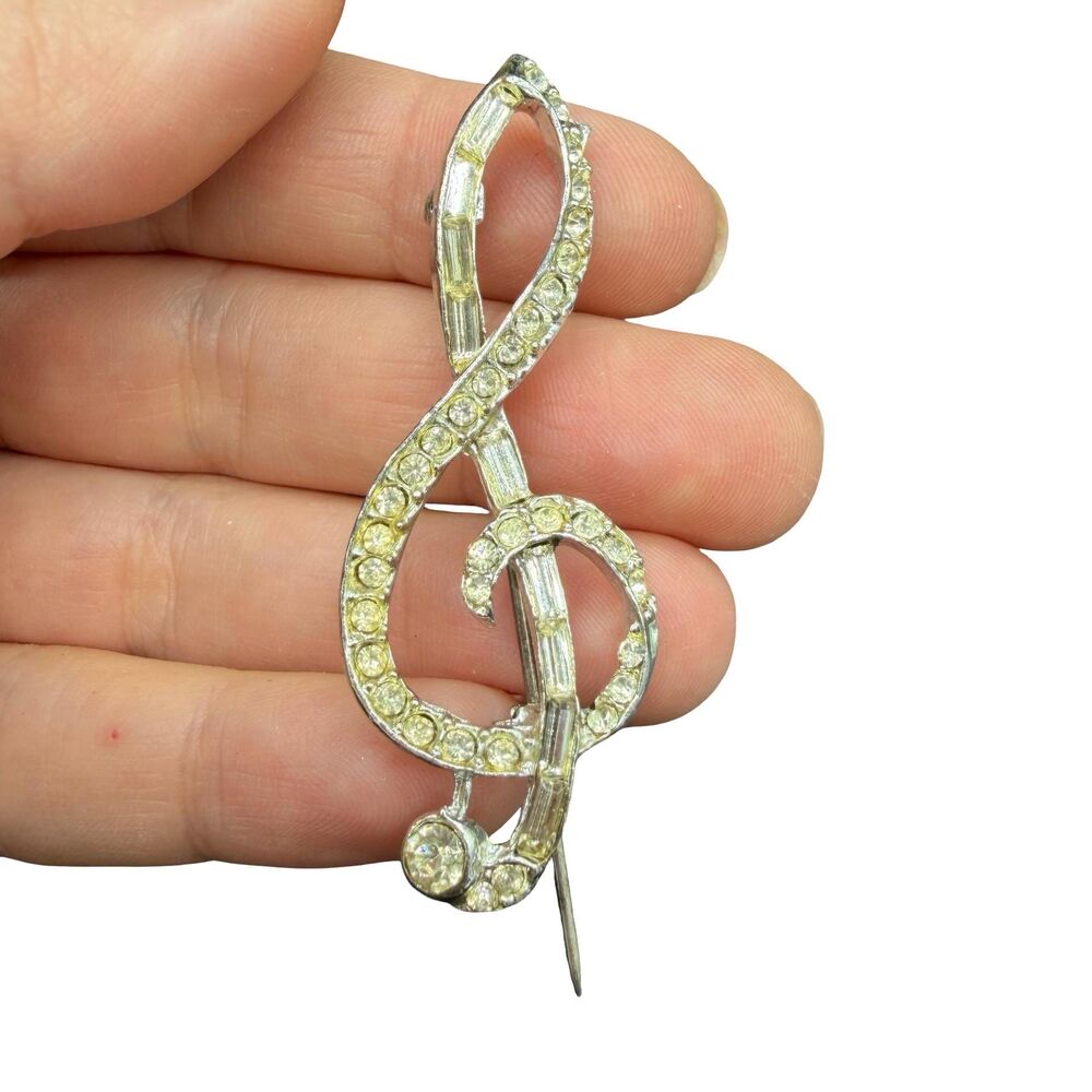 Vintage Jewelry Rhinestone Treble Clef Brooch Musical Note Pin Musical Jewelry